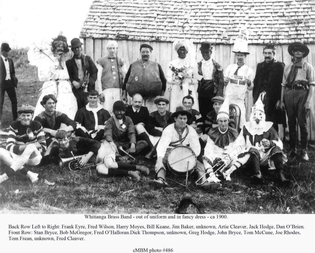 Whitianga Brass band - out of uniform and in fancy dress - ca 1900. mercury bay museum coromind magazine